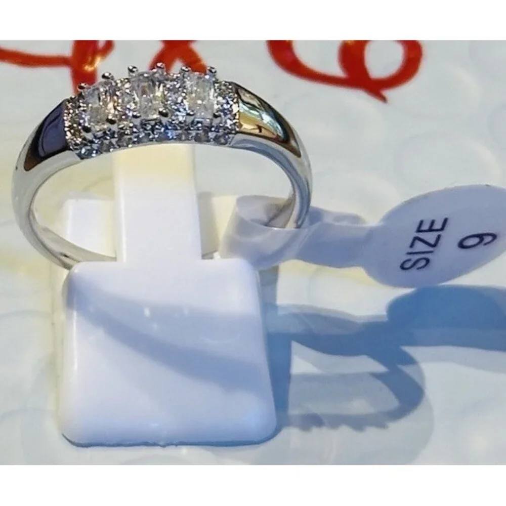 Bomb Party Ring Size 9 Clear Baguette CZ Band Rhodium Plated Sparkle NWT